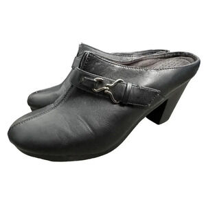 Flexisole Women's Black Leather Round Toe‎ Slip On Cuban Heeled Clogs 11M